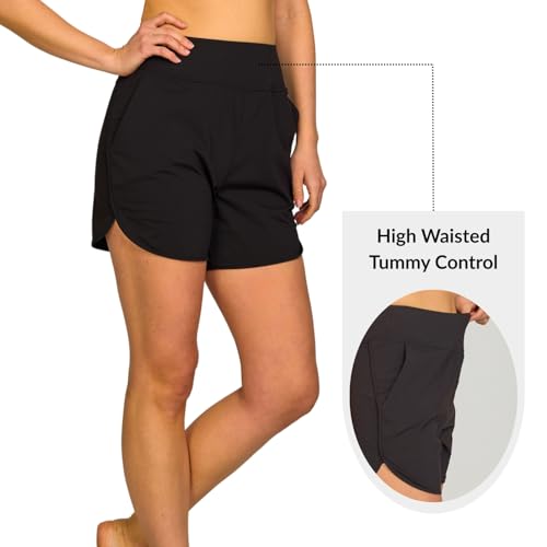 High Waisted Women's Swim Shorts - 5 Inch Inseam, Black, Medium