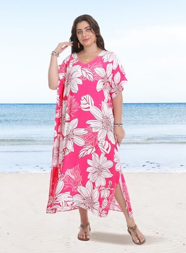 Women's V-Neck Batwing Sleeve Kaftan Dress - Lightweight Beach Cover Up, Hot Pink White Flower, One Size