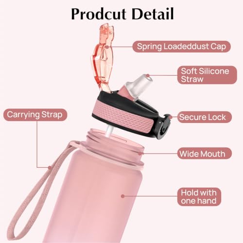 Water Bottle with Straw and Time Marker - 32oz Rose Pink - Portable Hydration