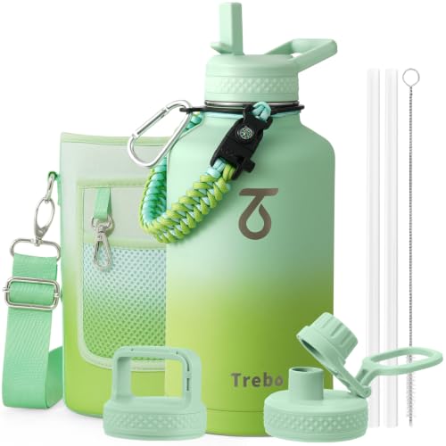 Dark Green 64oz Insulated Stainless Steel Water Bottle with 3 Lids & Paracord Handle