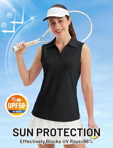 Small Women's Golf Shirt Sleeveless UPF 50+ Polo Collared Tennis Top V Neck Athletic Tank - Black