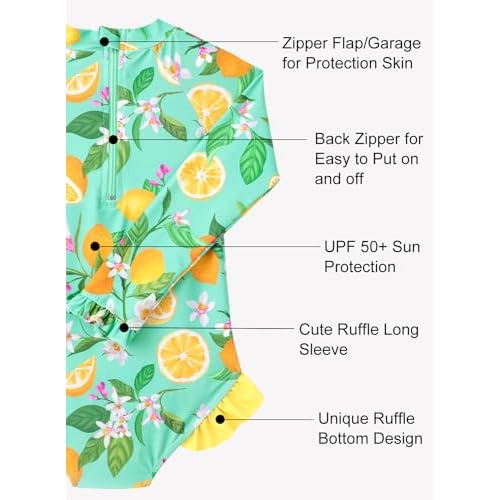 Baby Toddler Girl Long Sleeve Ruffle Swimsuit One Piece Zipper Rash Guard Bathing Suit with UPF 50+ Sun Protection