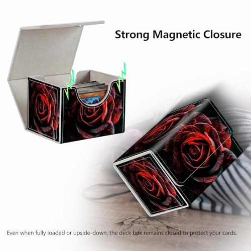 Magnetic Card Deck Box for Trading Card Games - Black & Red Roses, Holds 200+ Cards