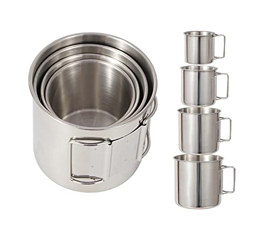 Stainless Steel Camping Mug Set with Folding Handle - 4 Piece Backpacking Cup Kit