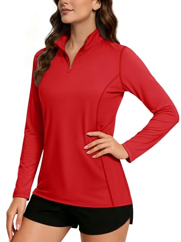 Women's Quarter Zip Golf Shirt UPF 50+ Sun Protection Long Sleeve Workout Top - Tomato Red Medium