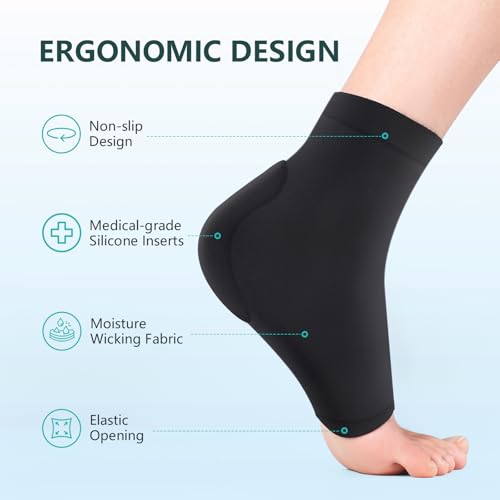 Achilles Tendon Heel Protector Sleeve - Black, Regular Size, Compression & Gel Support
