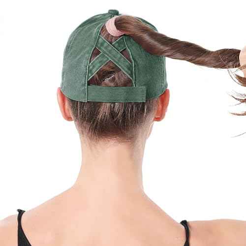 Womens Criss Cross Ponytail Baseball Cap Distressed Ponytail Hat High Messy Bun Trucker Ponycap for Outdoor Sports