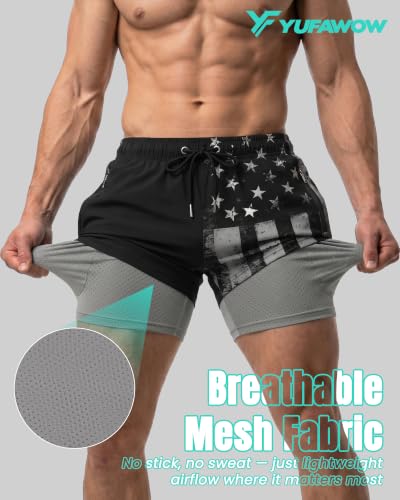 Men's 9 Inch Swim Trunks with Compression Liner & Zipper Pockets - Large Vintage Black
