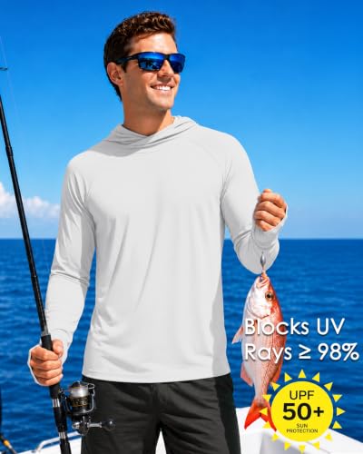 Men's UPF 50+ Sun Hoodie Long Sleeve Fishing Shirt Large White