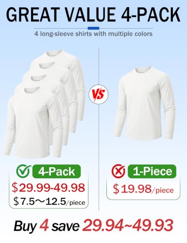 Men's Sun Protection Long Sleeve UPF 50+ T-Shirt - XL White Pack of 4