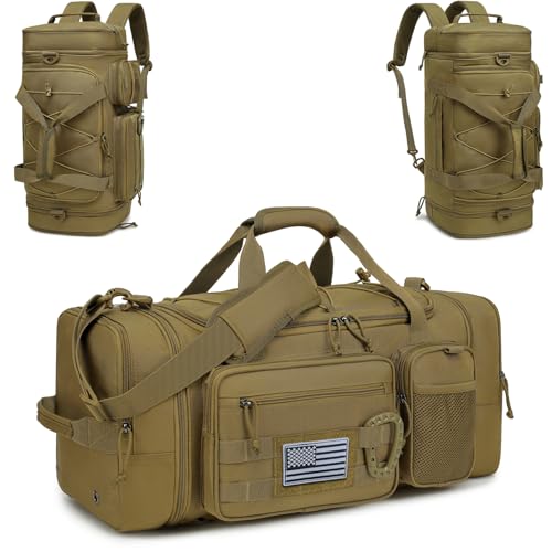 Brown 3-in-1 Tactical Gym Bag Backpack 40-45L Expandable Travel Duffle with Shoe & Wet Pockets