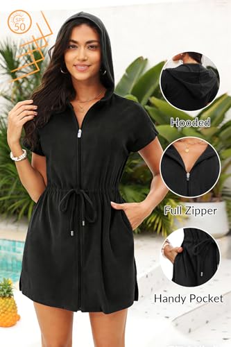 Large Women's Hooded Terry Cloth Swim Cover Up with Zipper & Pocket - Black