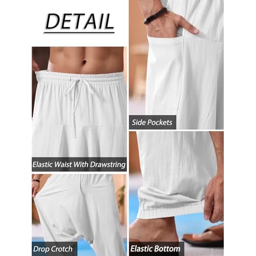 Runcati Mens Harem Pants Baggy Hippie Casual Cotton Linen Loose Boho Yoga Beach Drop Crotch Trouser