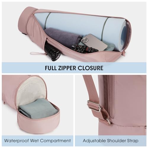 Pink Yoga Mat Carrier Bag for Women - Lightweight Pilates Bag with Wet & Side Pockets