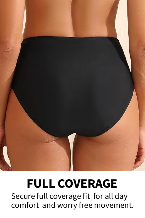 Women High Waisted Bikini Bottom Tummy Control Swim Bottom Side Mesh Large Black