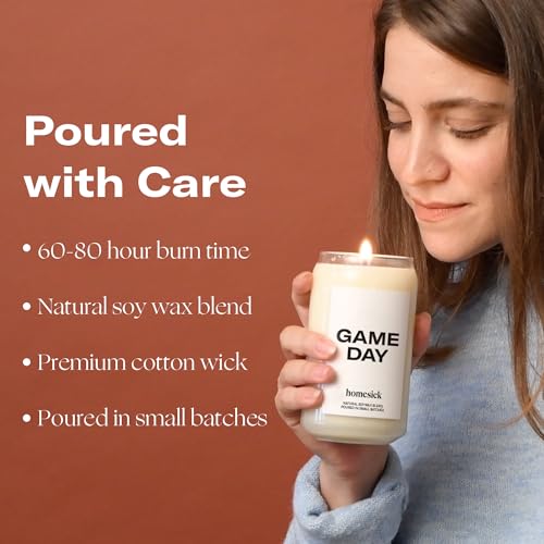 Homesick Scented Candles for Home (Game Day) - 13.75 oz Long-Lasting Soy Wax Blend Jar Candle Gifts for Women & Men, 60-80 Hours Burn Time - Notes of White Amber, Tonka Bean & Smoked Birch