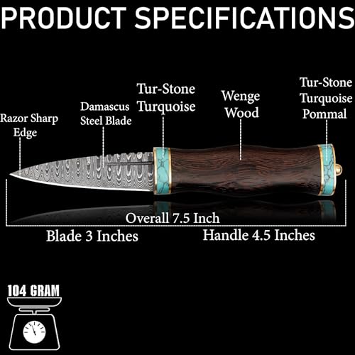Scottish Dirk Knife Handmade Damascus Steel Wenge Wood & Turquoise Handle with Leather Sheath - Custom Craft