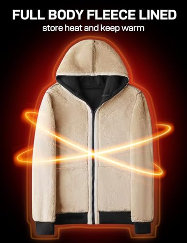 Flygo Sherpa Hoodies for Men Black Large Zip Up Winter Fleece Lined Hoodie