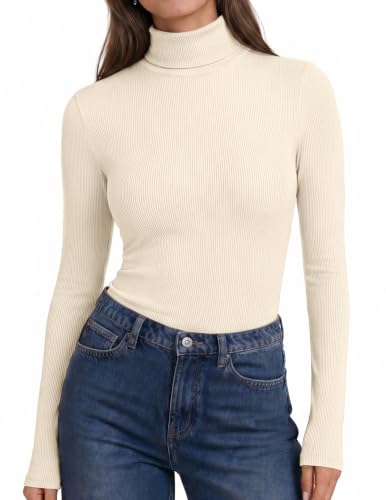 Ekouaer Women's Turtleneck Top - Winter Ribbed Long Sleeve Shirt Medium Beige