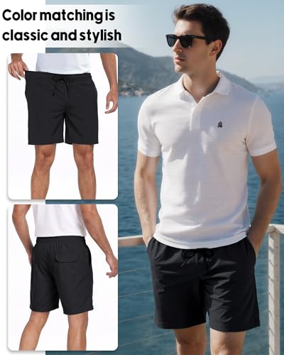 Men's Swim Trunks Large Black 7 Inch Quick-Dry Beach Shorts with Pockets
