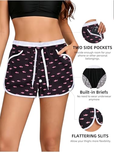 Pink Shark Large Women Board Shorts with Liner Swim Trunks - Bathing Suit Bottoms