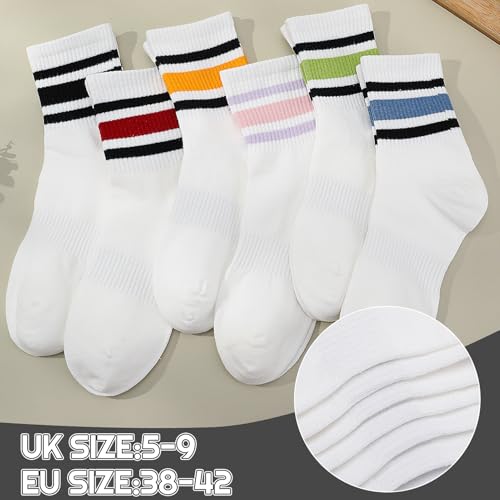 7-11 White Retro Stripe Tube Socks - Vintage Cotton Crew Socks for Women - 6 Pairs