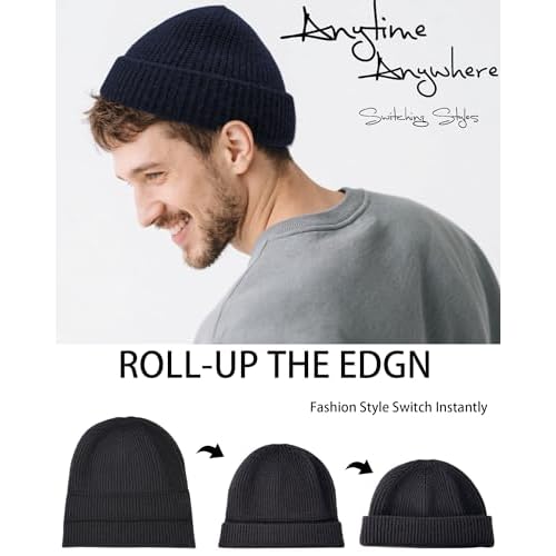 Thin Fisherman Beanie Hat for Men Women Fall Winter -Wool Knit Cuff Short Fashion Watch Cap,Trawler Slouchy Skull Cap