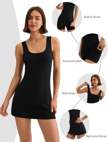 Women's Athletic Tennis Dress with Built-In Shorts and Pockets - Medium Black