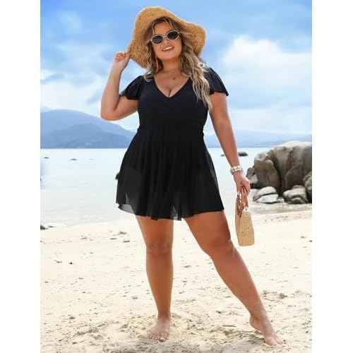 BMJL Women's Plus Size Swimsuit One Piece Tummy Control Bathing Suit Ruffle Sleeve Swim Dress