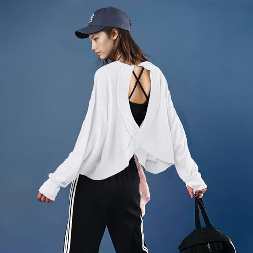 Open Back Workout Crop Top for Women Small White - Casual & Athletic Long Sleeve Tee
