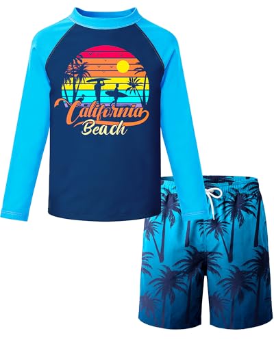 Kids Boys Swim Set with Trunks & Rash Guard - Blue Beach & Coconut Tree, Size 5-6 Years