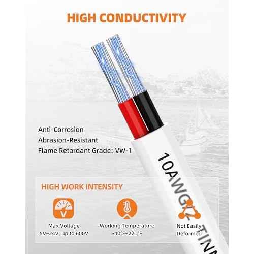 10 Gauge Marine Wire, 10/2 Duplex Marine Grade Cable, IP68 Waterproof/Oxygen-Free Tinned Copper Stranded PVC 10 AWG Wire for Boat, Automotive, RV, Solar, LED Strips (30FT)
