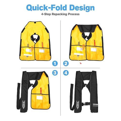 Inflatable Life Jacket for Adults - Lightweight Auto-Inflatable PFD, Black - Supports Up to 300 lbs