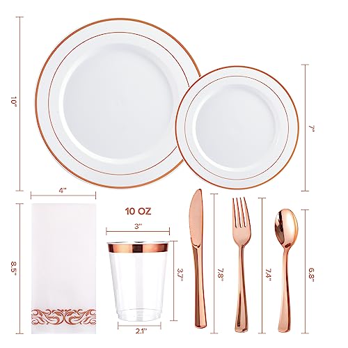 Disposable Dinnerware Set with Rose Gold Rim - 350 Pieces for 50 Guests