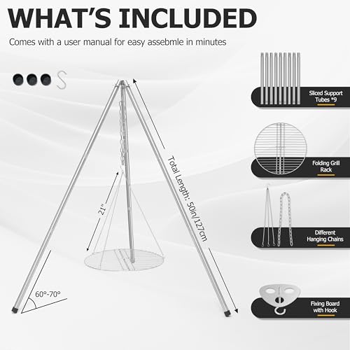 Stainless Steel Campfire Tripod Grill for Camping Cooking - Without BBQ Tools