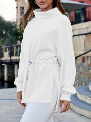 Women's Turtleneck Sweatshirt with Side Slit & Drawstring Waist - White, Large