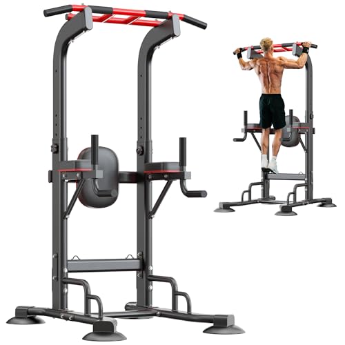 SogesHome Multifunctional Dip Stand Station, Heavy Duty Adjustable Pull Up Bar & Push Up Handles for Home Gym, 330LB Capacity Strength Training Fitness Equipment for Arms, Core, Whole Body, Black/Red