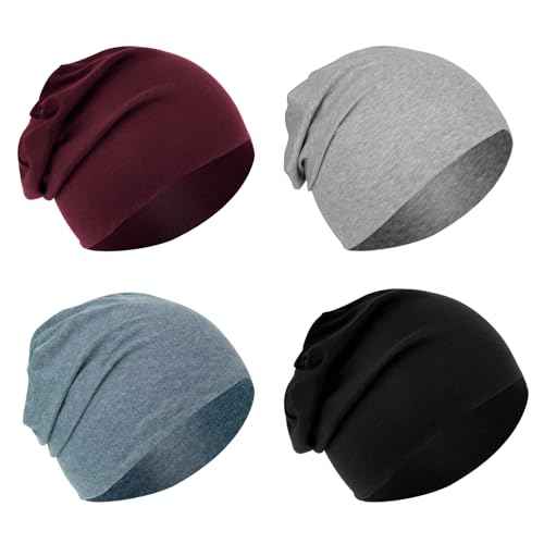 BEVTEE Cotton Slouchy Beanie for Men 4 Packs, Hip-Hop Soft Hats for Women, Skull Caps Lightweight for Winter, Gift, Fashion