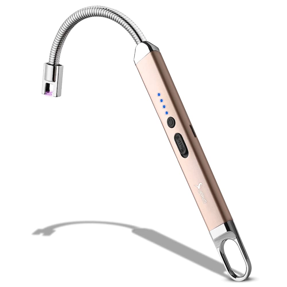 SUPRUS Lighter Rechargeable USB Lighter Arc Electric Lighetrs with Safety Switch 360° Flexible Neck Flameless Grill Long Lighters for Candle Camping Cooking (Champagne Gold)