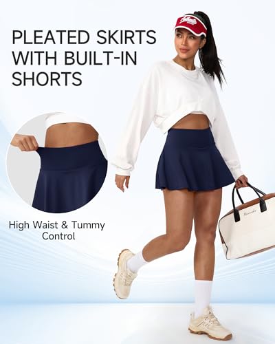 Women's Tennis Skirt with Shorts Navy Medium - High Waist Pleated Pickleball Athletic Skort