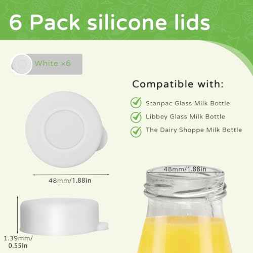 Silicone Glass Milk Bottle Caps, 48mm Diameter Bottle Caps for Libbey & Stanpac Milk Glass Bottles, Reusable and Easy to Clean (6 Pack) (White)