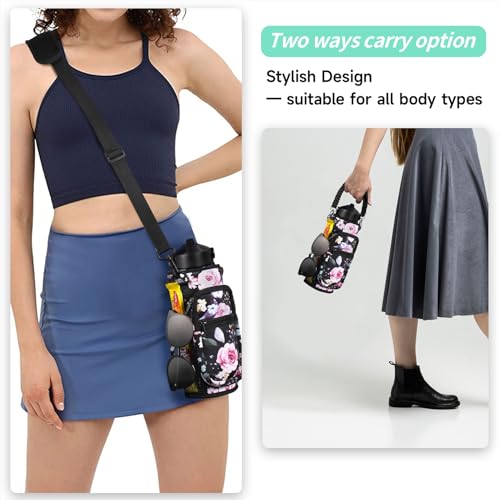 16oz Water Bottle Carrier Bag Neoprene Sleeve with 4 Pockets & Adjustable Strap - Black Flower