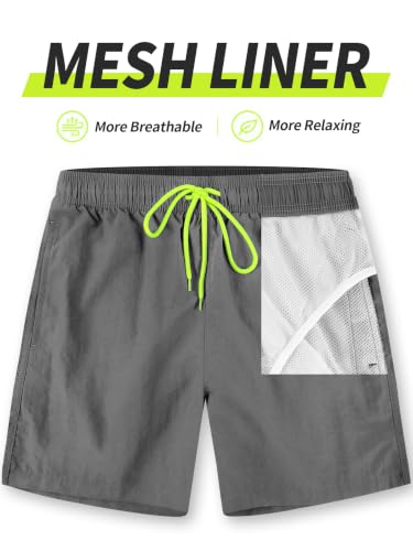 Men's Quick Dry Breathable Nylon Swim Trunks with Liner & Pockets - Medium Grey