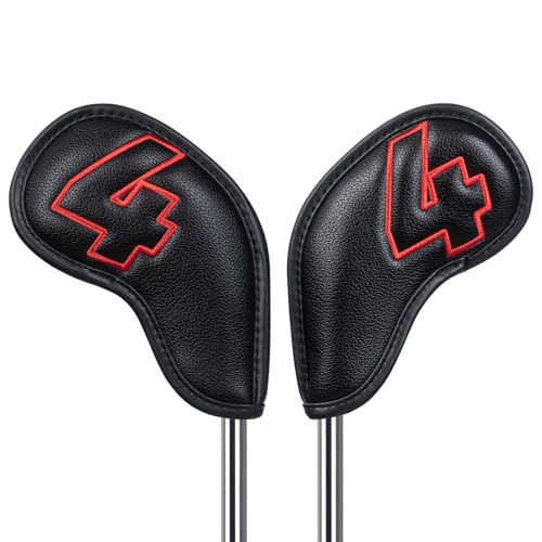 Craftsman Golf 10pcs Red No. Iron Headcover Set with Magnetic Closure - Black Leather