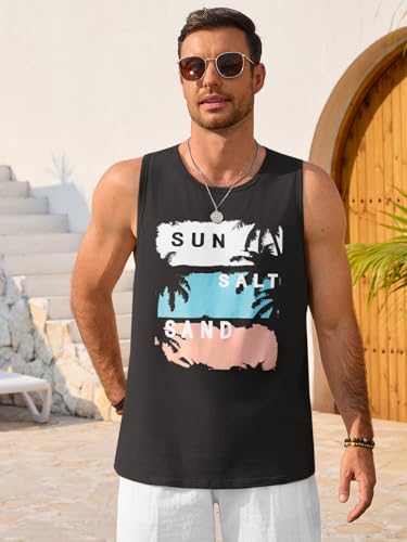 Mens Sleeveless Tank Top with Graphic Hawaiian Shirt Design - Summer Beachwear, Black, X-Large