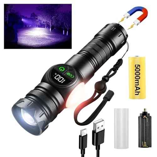 4 in 1 Rechargeable 6500K / 395nm UV Flashlight Dimming Stepless True 5000 Lumens IP45 Zoomable Beam UV Light, 5000mAh Halloween LED Flash Light with Magnet Power Failure
