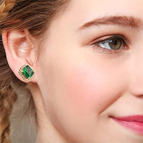 Simulated Emerald Earrings - Green Square Cubic Zirconia, 18K Gold Plated Studs for Women with Gift Box