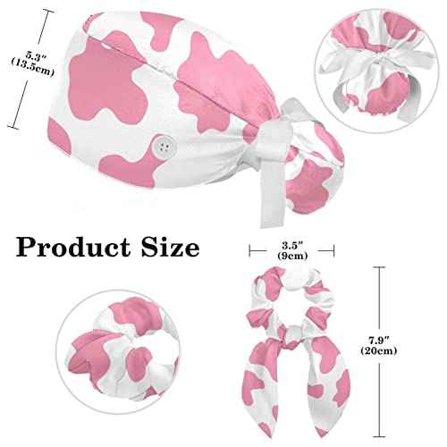 Work Caps Bouffant Surgical Cap with Hair Tie Cow Skin Print Pink Ponytail Holder Tie Back Scrub Hat
