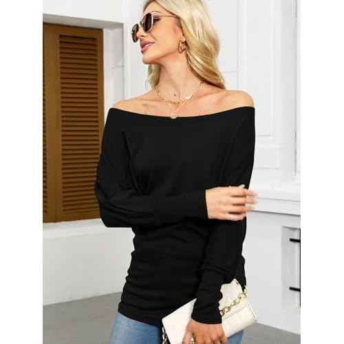 Eniloyal Women's Off Shoulder Tops Batwing Long Sleeve Shirts Loose Fall Fashion Blouse Tunic Oversized Pullover Sweater