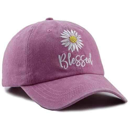 Embroidered Daisy Blessed Hat for Women Men, Adjustable Vintage Washed Cotton Christian Baseball Cap